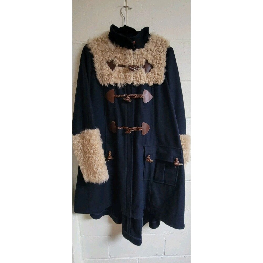 TOPSHOP UNIQUE label 2010 RARE SHEEPSKIN SHEARLING Navy Wool Duffle Coat US 10